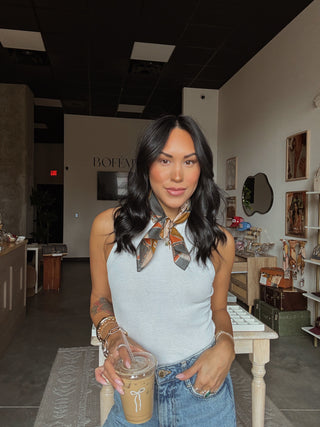 Frontier Bound Patchwork in Rust Western Silk Wild Rag Scarf